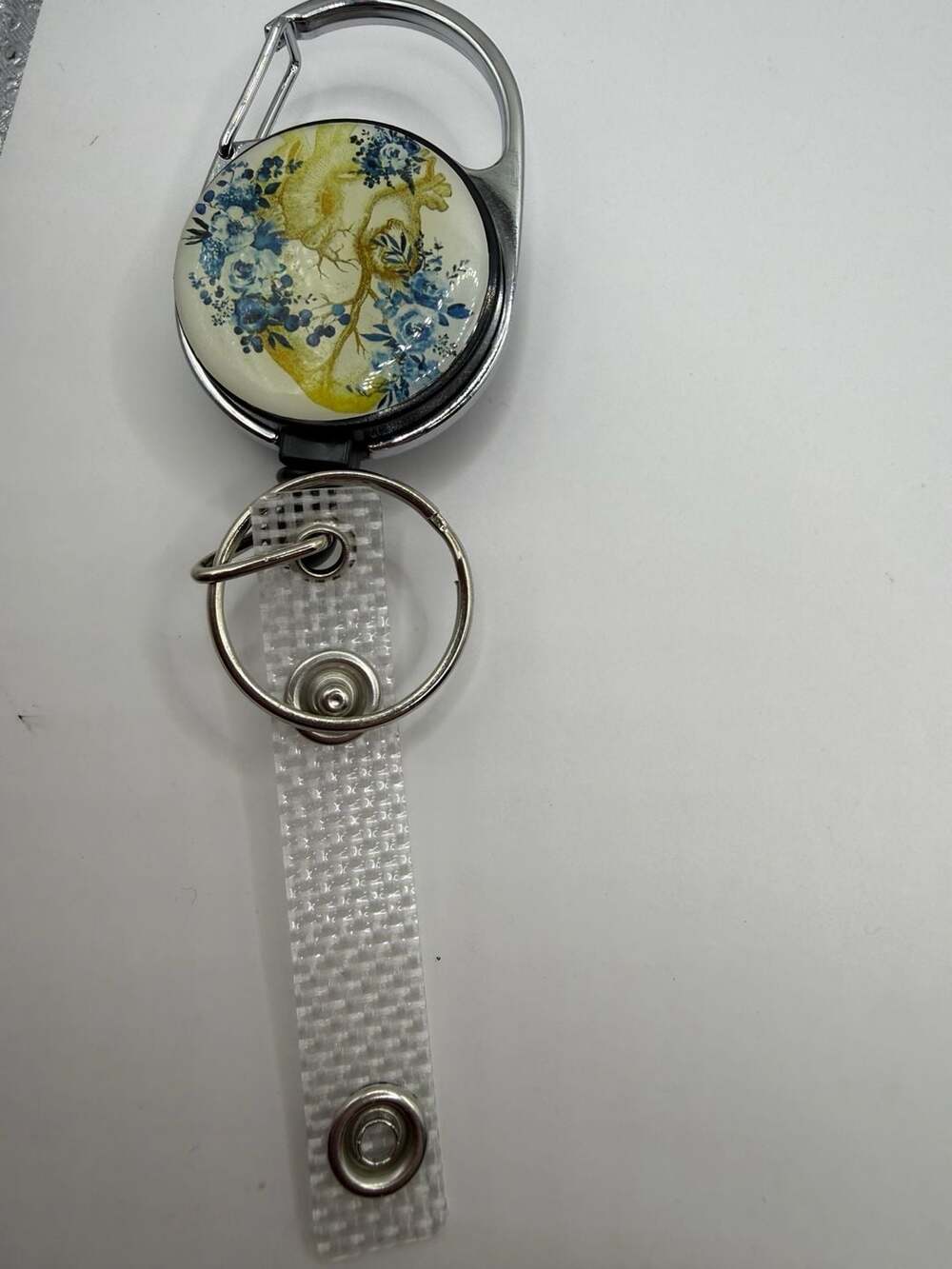 Anatomical Heart with Blue Floral Pattern Retractable ID Badge Reel with Carabin